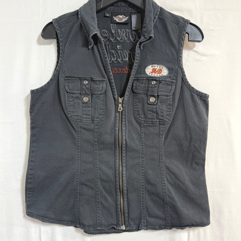 Harley Davidson Womens XL Black Embroidered Moto Vest Y2K Fitted 2009 - Picture 3 of 14
